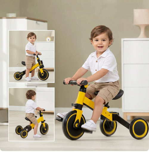 Niño en la Bicicleta Triciclo 3 en 1 amarilla en sus 3 modos