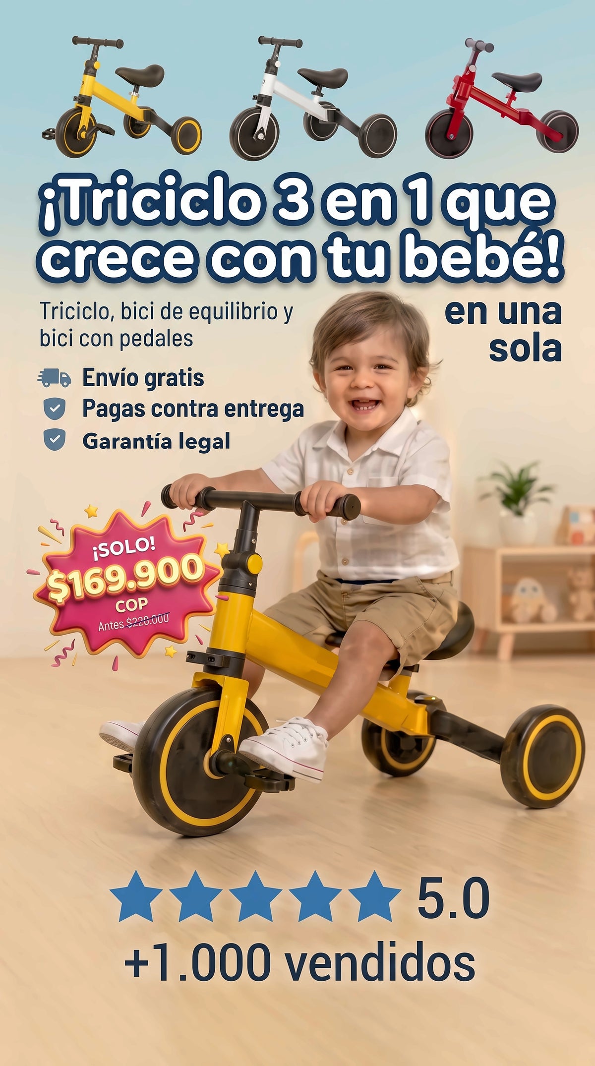 Triciclo 3 en 1 que crece con tu bebé, desde $169.900