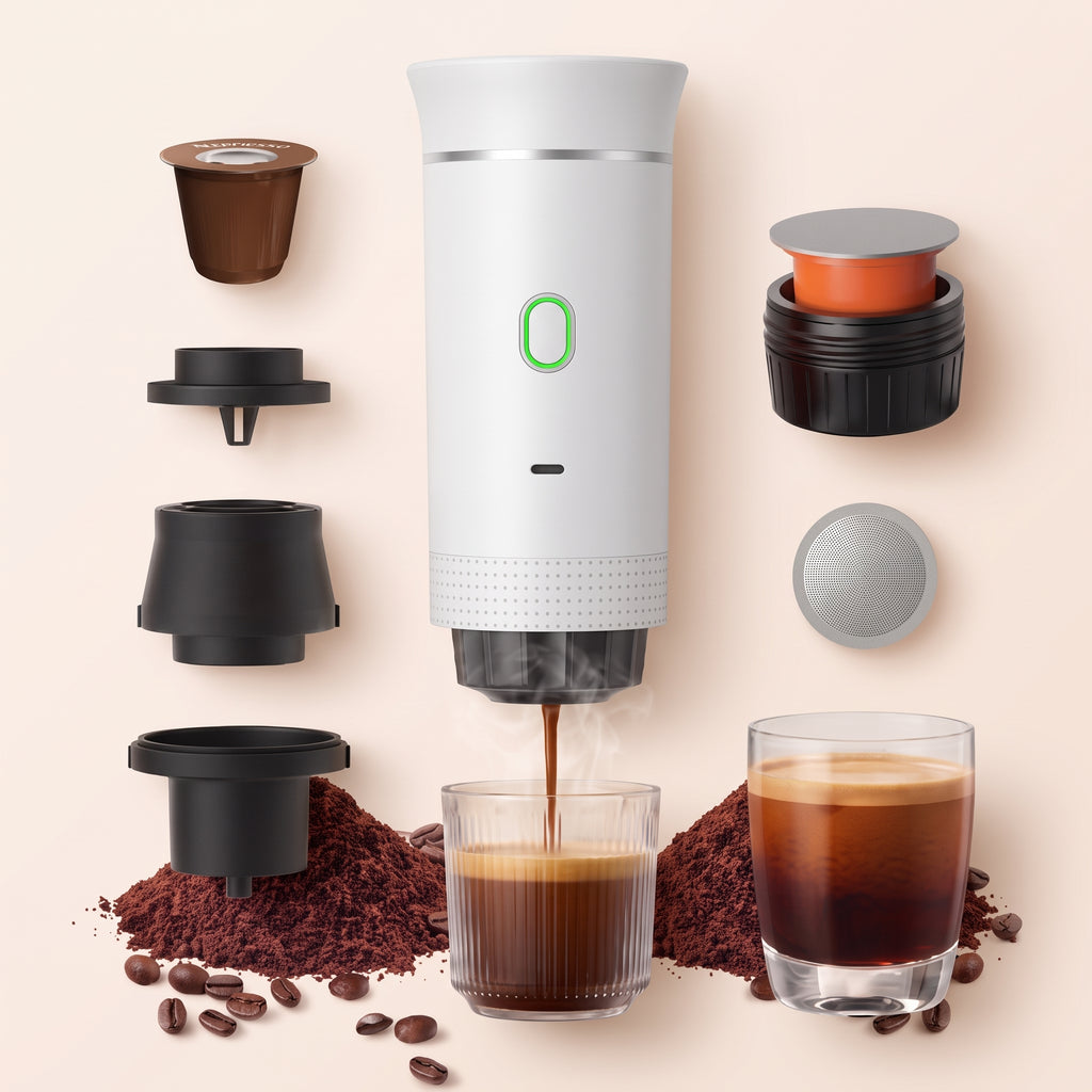 Cafetera Presura blanca con sus soportes y accesorios