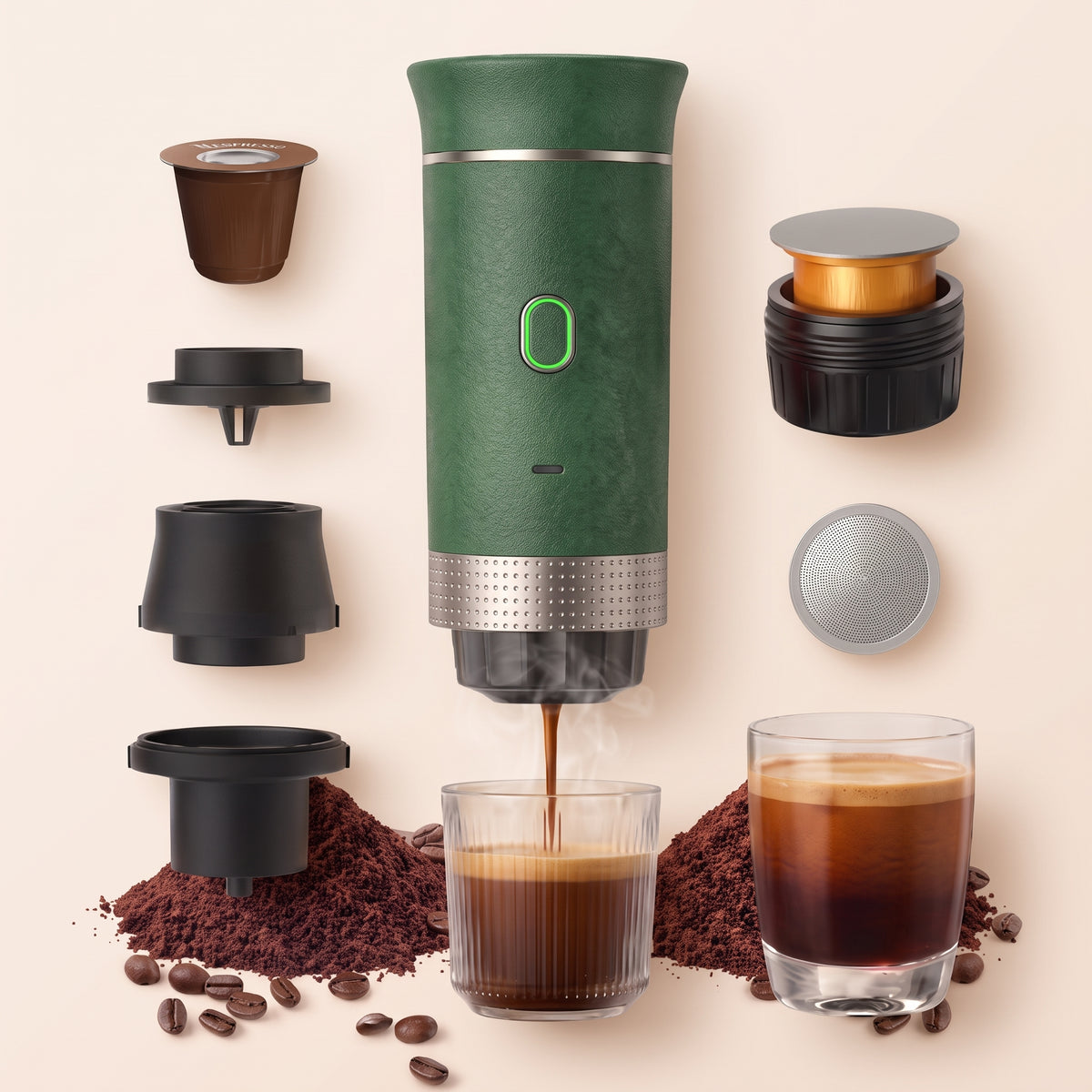 Cafetera Presura verde con sus soportes y accesorios