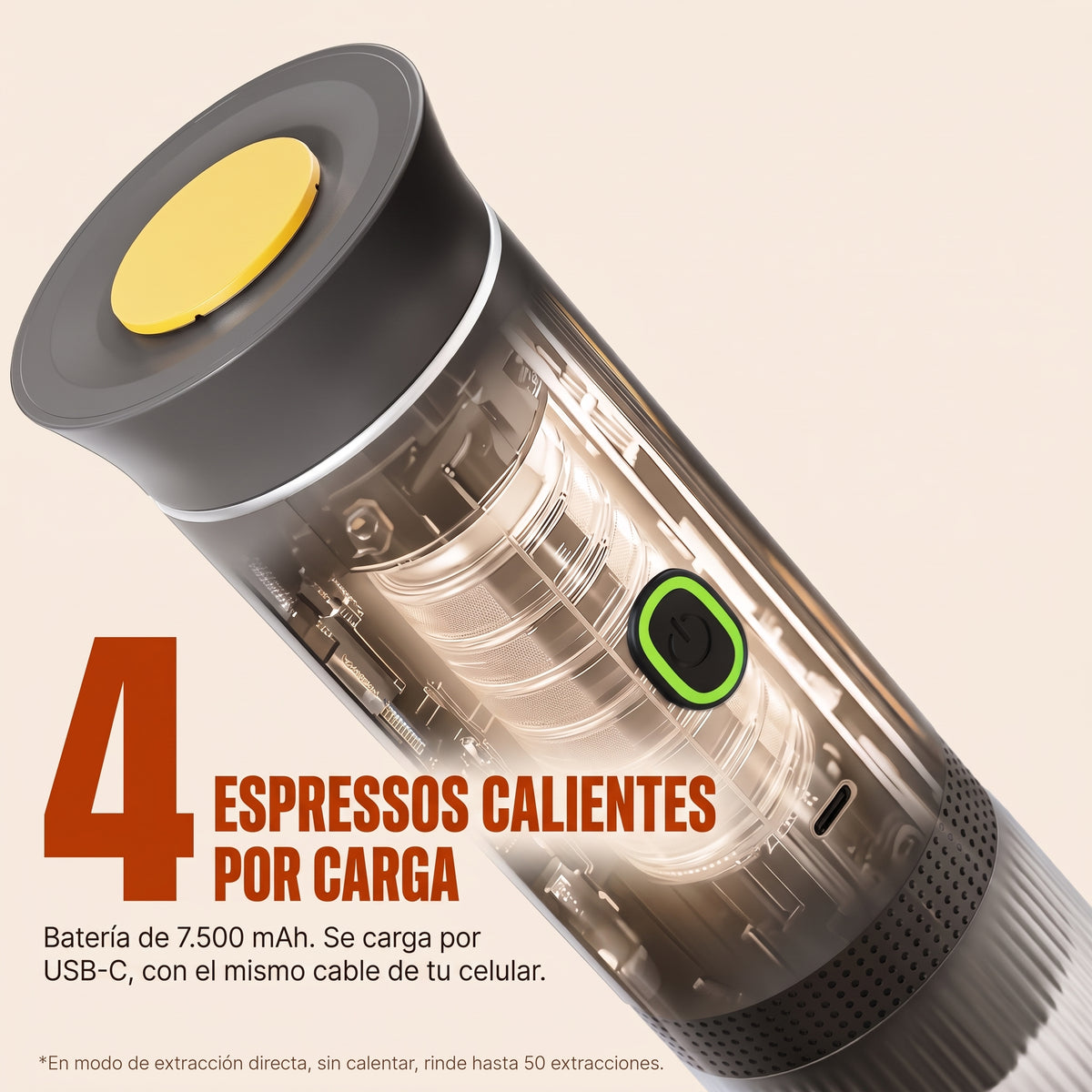 Cuatro espressos calientes por carga, se recarga con el cable del celular