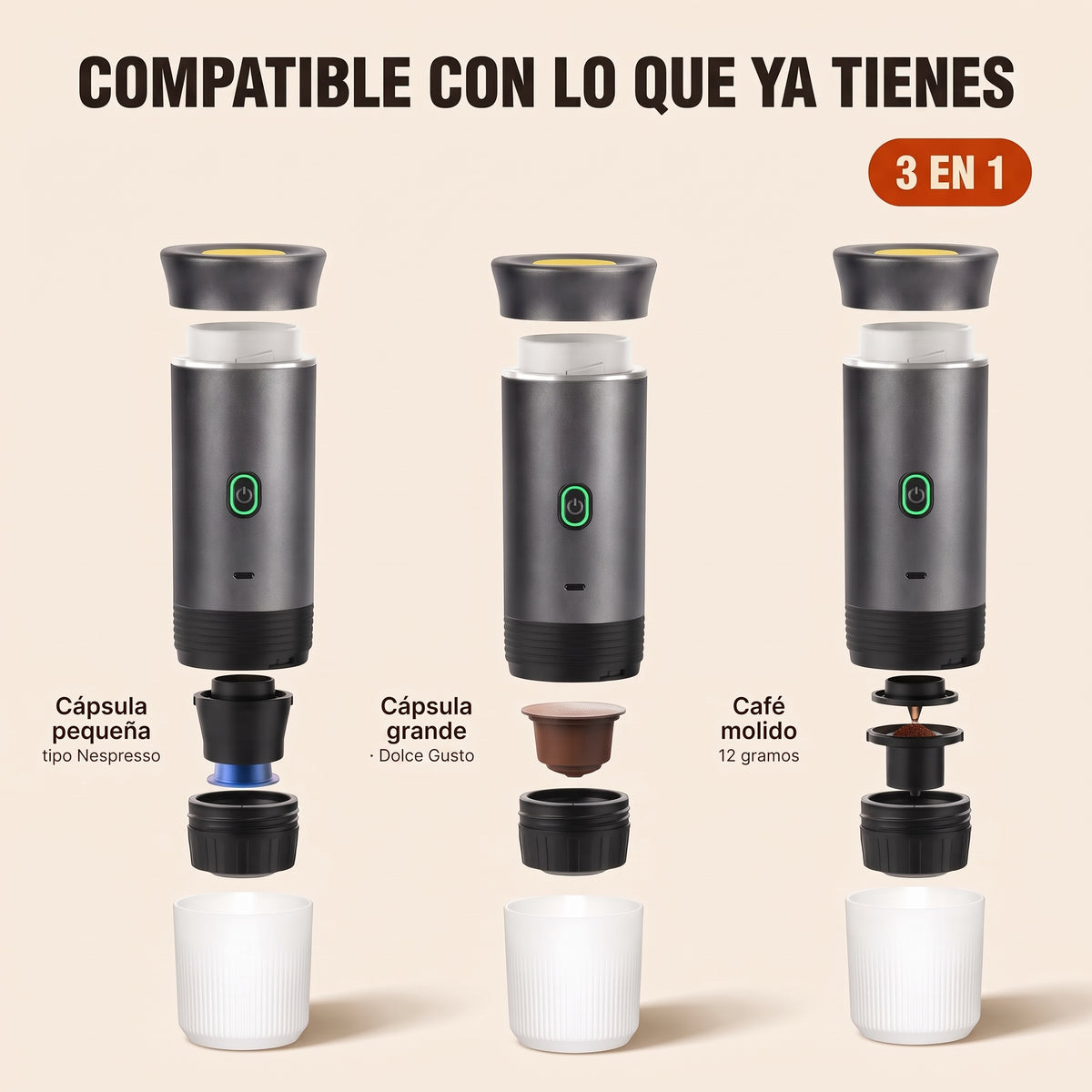 Compatible con cápsula Nespresso Original, cápsula Dolce Gusto y café molido